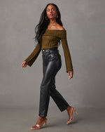 Dark Green % Daphne Off The Shoulder Ribbed Sweater-3