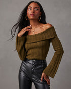 Dark Green % Daphne Off The Shoulder Ribbed Sweater-1