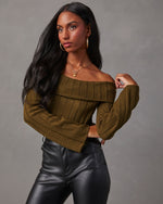 Dark Green % Daphne Off The Shoulder Ribbed Sweater-5