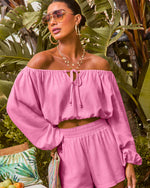 Pink % Elysia Off The Shoulder Long Sleeve Crop Top-6