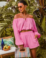 Pink % Elysia Off The Shoulder Long Sleeve Crop Top-3