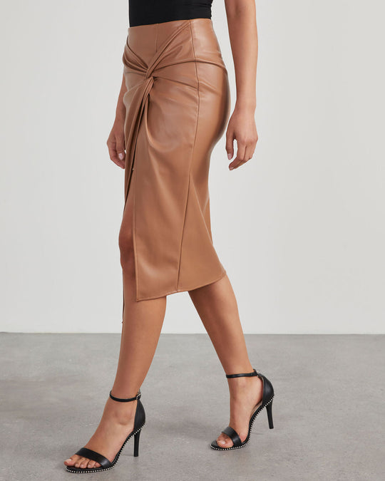 Latte % Like Wow Faux Leather Twisted Midi Skirt-3