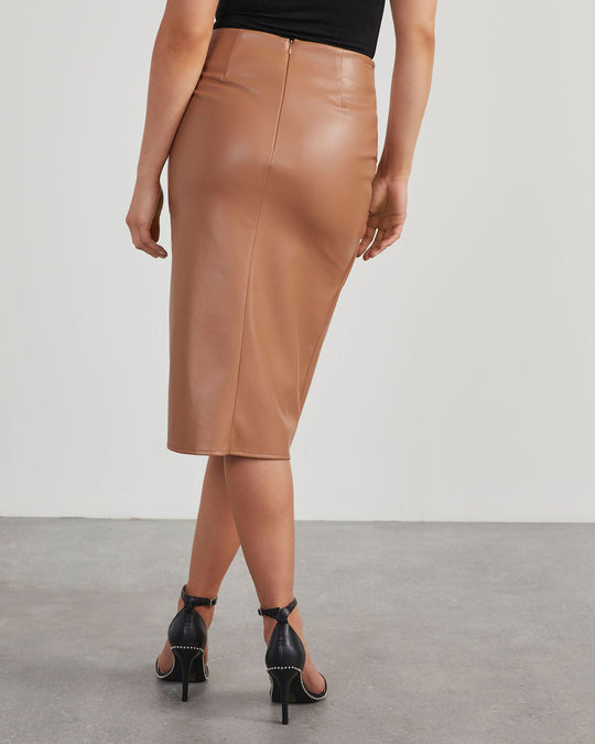 Latte % Like Wow Faux Leather Twisted Midi Skirt-4