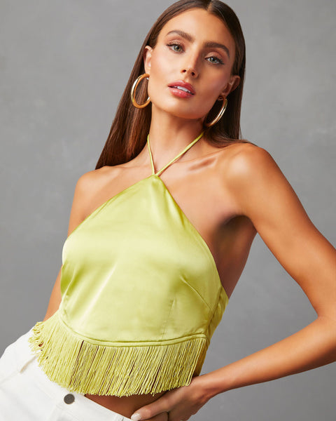 【Ameri  Vintage】FRINGE HEM SLIT LONG TOP Viva La Vida Satin Fringe Hem Halter Top – VICI