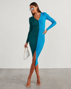 Blue/Jade % Calloway Colorblock Button Front Midi Dress-1