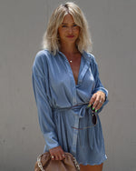 Dusty Blue %  Aster Plisse Button Down Shirt Dress-1