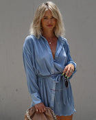 Dusty Blue %  Aster Plisse Button Down Shirt Dress-1