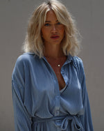 Dusty Blue %  Aster Plisse Button Down Shirt Dress-4