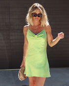 Green-Lavender % Day And Night Satin Cowl Neck Lace Trim Mini Dress-1