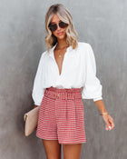 Red % For The Record Houndstooth Belted Shorts-1-1