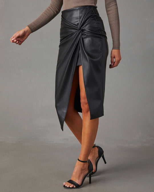 Black % Like Wow Faux Leather Twisted Midi Skirt-3
