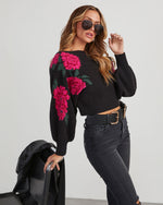 Black % Fall Roses Floral Pullover Sweater-2
