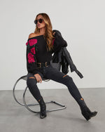 Black % Fall Roses Floral Pullover Sweater-1