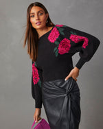 Black % Fall Roses Floral Pullover Sweater-3
