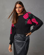 Black % Fall Roses Floral Pullover Sweater-5