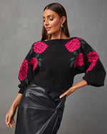 Black % Fall Roses Floral Pullover Sweater-6