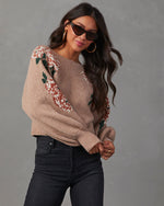 Taupe %  Fall Roses Floral Pullover Sweater-3