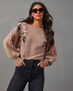 Taupe % Fall Roses Floral Pullover Sweater-6