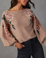 Taupe %  Fall Roses Floral Pullover Sweater-5