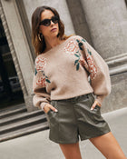 Taupe %  Fall Roses Floral Pullover Sweater-1