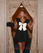 Black/White % All Wrapped Up Bow Babydoll Mini Dress-5