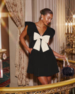 Black/White % All Wrapped Up Bow Babydoll Mini Dress-3