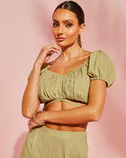 Green % Corsicana Linen Waist Tie Crop Top-1
