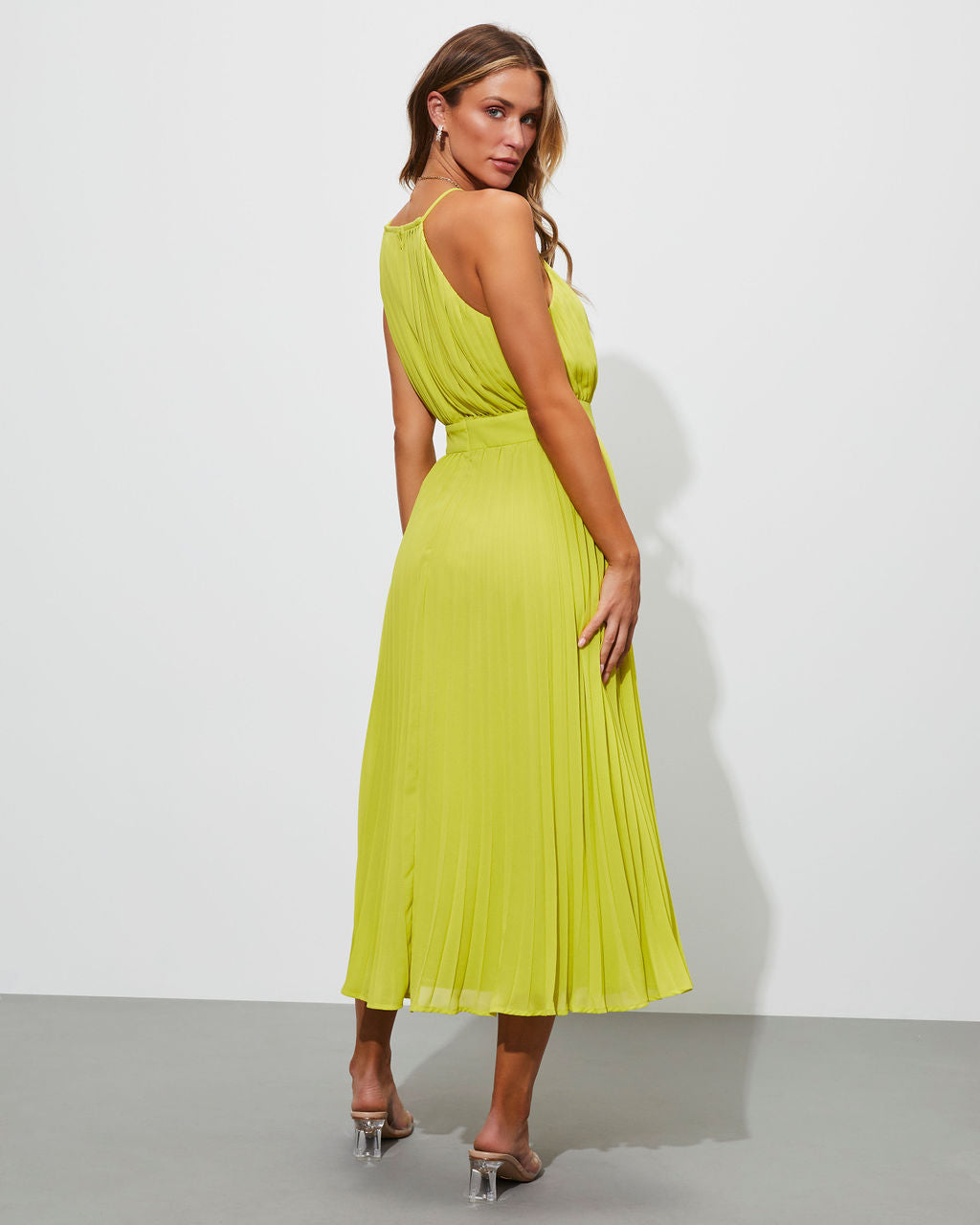 slim fit dress slacks Elegant Asymmetric Pleated Dress - Lime Green main image 0