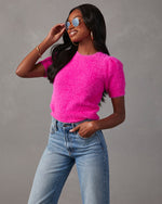 Hot Pink % Emanuelle Fuzzy Short Sleeve Sweater Top 3