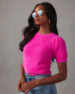 Hot Pink % Emanuelle Fuzzy Short Sleeve Sweater Top 5