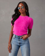 Hot Pink % Emanuelle Fuzzy Short Sleeve Sweater Top 1