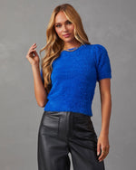 Royal Blue % Emanuelle Fuzzy Short Sleeve Sweater Top 1