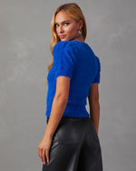 Royal Blue % Emanuelle Fuzzy Short Sleeve Sweater Top 4