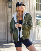 Olive/Grey % Campus Oversized Hooded Bomber Jacket-4