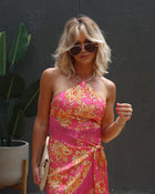 Multi % Viva La Vida Satin Printed Fringe Hem Halter Top-1