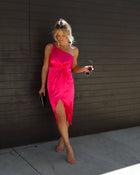 Hot Pink %  Dyanna Satin One Shoulder Drape Midi Dress 1
