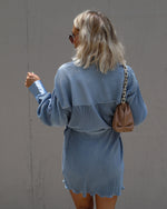 Dusty Blue %  Aster Plisse Button Down Shirt Dress-2