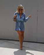 Dusty Blue %  Aster Plisse Button Down Shirt Dress-5