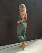 Olive % Hunter Cotton Smocked Pocketed Jogger Jumpsuit-1