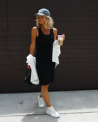 Black % Lorena Cotton Blend Ribbed Side Slit Midi Dress-1