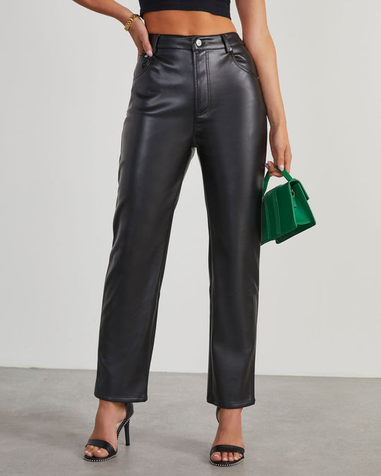 Black % Claudette Faux Leather Pocketed High Waisted Pants-2