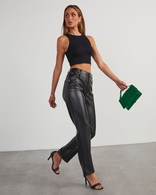 Black % Claudette Faux Leather Pocketed High Waisted Pants-6