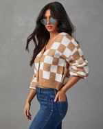 Brown % Checkmate Pocketed Knit Cardigan-5