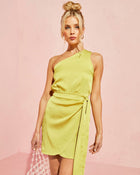 Chartreuse % Mabel Satin One Shoulder Front Tie Mini Dress-1
