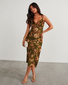 Olive % Autumn Blooms Satin Floral Midi Dress-1