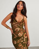 Olive % Autumn Blooms Satin Floral Midi Dress-5
