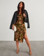 Olive % Autumn Blooms Satin Floral Midi Dress-2