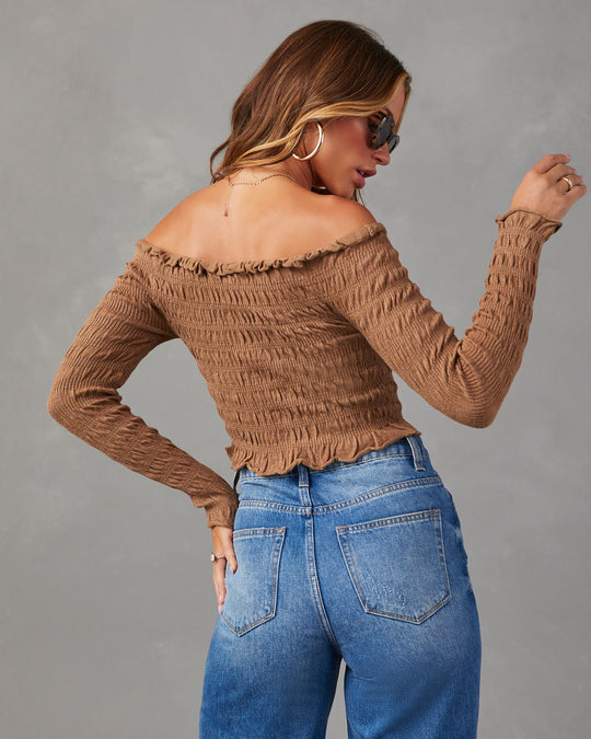 Brown % Yes Please Smocked Off The Shoulder Top-4