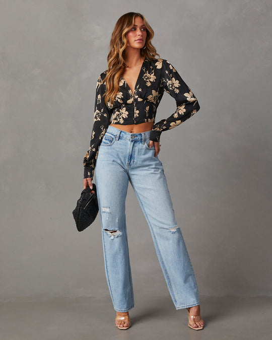 Black % Got The Look Satin Floral Long Sleeve Top-2