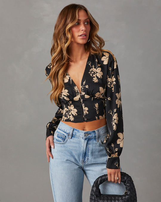 Black % Got The Look Satin Floral Long Sleeve Top-3